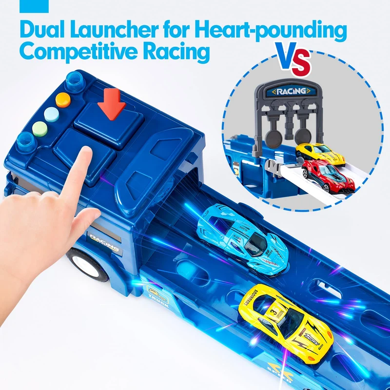 hahaland Camion Giocattolo Trasforma in Pista da Corsa, con 6 Macchinine per Bambini, Camion con Luci e Suoni, Pista Macchinine 2 3 Anni, Regalo Bambino 2 anni