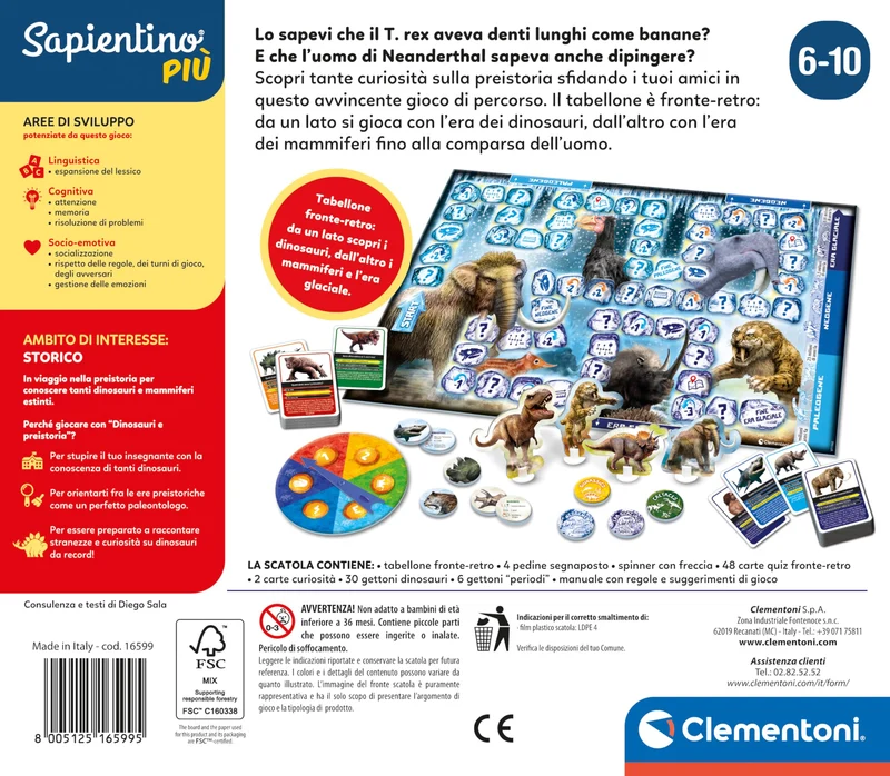 Clementoni - 16599 - Sapientino Più - Quiz Su Dinosauri E Preistoria - Gioco Da Tavolo Educativo Per Bambini Dai 6 Anni (Gioco In Italiano), Made In Italy
