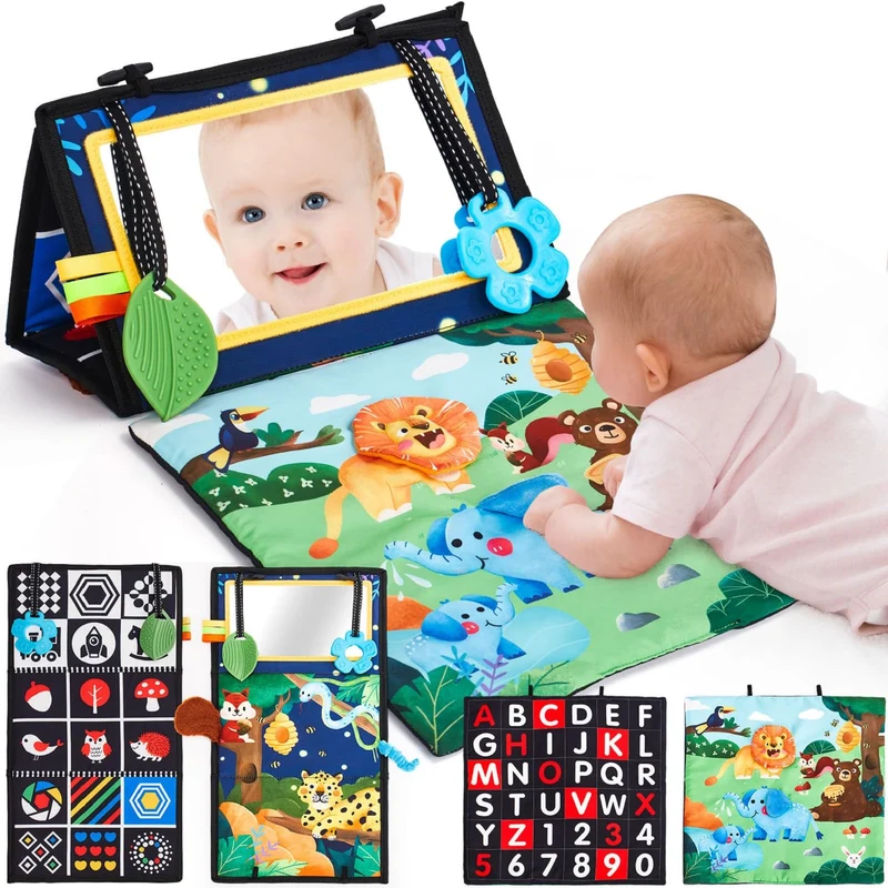 hahaland Specchio Neonati Giochi Neonato 0 3 6 Mesi, Libro Sensoriale con Specchio, Tummy Time Neonati Bianco e Nero Giochi Montessori 6 Mesi Giocattoli Educativi