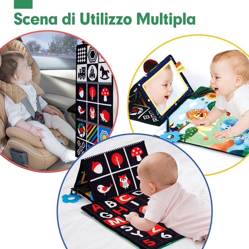hahaland Specchio Neonati Giochi Neonato 0 3 6 Mesi, Libro Sensoriale con Specchio, Tummy Time Neonati Bianco e Nero Giochi Montessori 6 Mesi Giocattoli Educativi