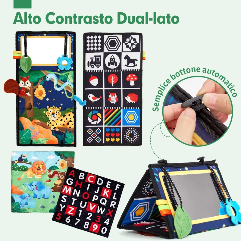 hahaland Specchio Neonati Giochi Neonato 0 3 6 Mesi, Libro Sensoriale con Specchio, Tummy Time Neonati Bianco e Nero Giochi Montessori 6 Mesi Giocattoli Educativi