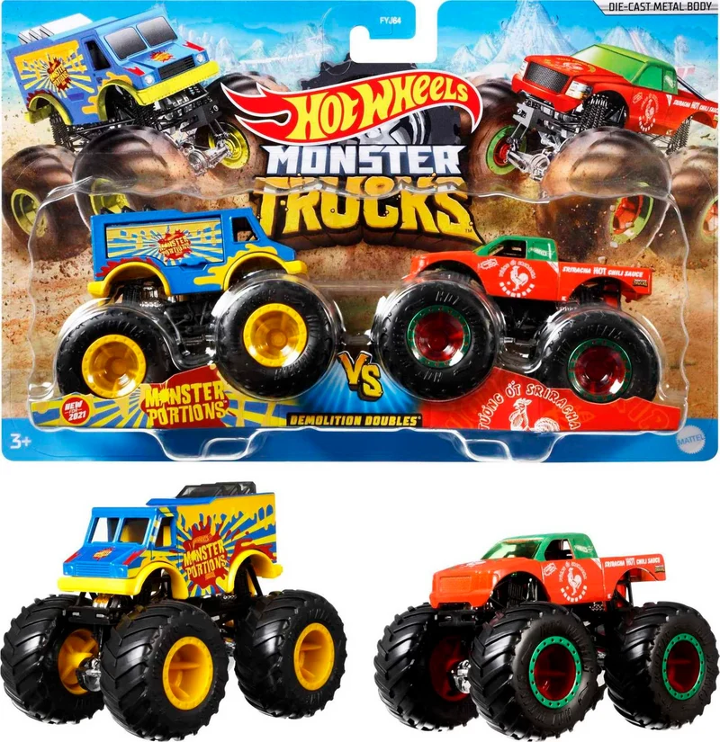 Hot Wheels Monster Trucks Demolition Doubles , confezione da 2 con diversi modelli, incl. statistiche dettagliate sulla resistenza, ruote enormi e dettagli malvagi, il design può variare, FYJ64