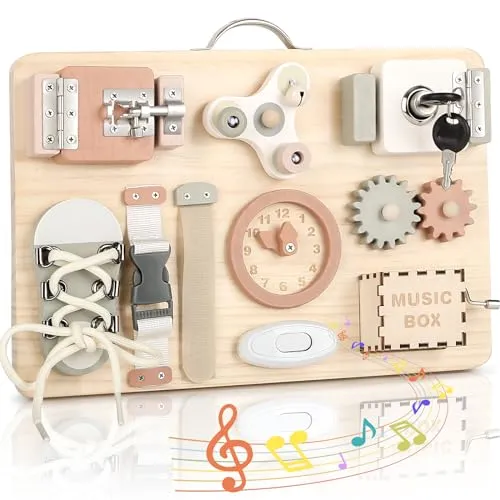 Joyreal Pannello Sensoriale Bambini Montessori Legno - Busy Board Giochi Montessori 1 2 3 Anni Tavola Sensoriale con Carillon Specchio Neonati Giochi Educativi Regalo