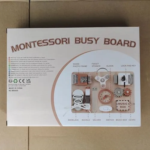 Joyreal Pannello Sensoriale Bambini Montessori Legno - Busy Board Giochi Montessori 1 2 3 Anni Tavola Sensoriale con Carillon Specchio Neonati Giochi Educativi Regalo