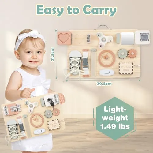 Joyreal Pannello Sensoriale Bambini Montessori Legno - Busy Board Giochi Montessori 1 2 3 Anni Tavola Sensoriale con Carillon Specchio Neonati Giochi Educativi Regalo