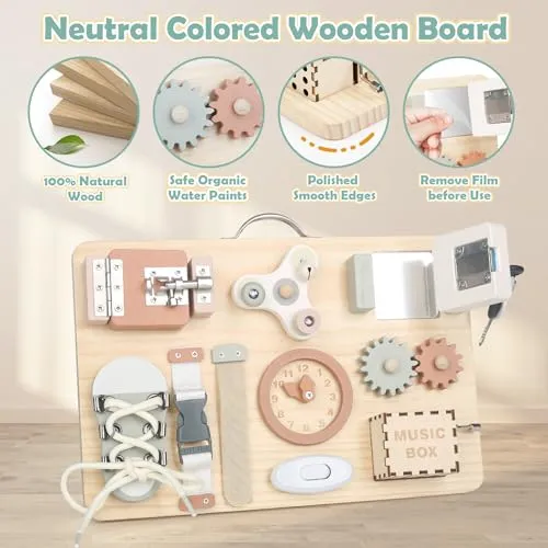 Joyreal Pannello Sensoriale Bambini Montessori Legno - Busy Board Giochi Montessori 1 2 3 Anni Tavola Sensoriale con Carillon Specchio Neonati Giochi Educativi Regalo