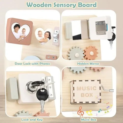 Joyreal Pannello Sensoriale Bambini Montessori Legno - Busy Board Giochi Montessori 1 2 3 Anni Tavola Sensoriale con Carillon Specchio Neonati Giochi Educativi Regalo