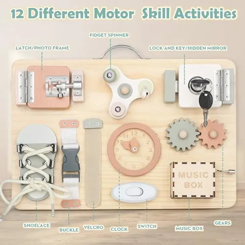 Joyreal Pannello Sensoriale Bambini Montessori Legno - Busy Board Giochi Montessori 1 2 3 Anni Tavola Sensoriale con Carillon Specchio Neonati Giochi Educativi Regalo