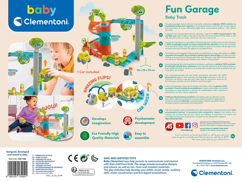 Baby Clementoni - Fun Garage Baby Track, Box e Pista Macchinine per Bambini 18+ Mesi, con 1 Macchinina, Gioco Prima Infanzia Made in Italy, Linea Play For Future, Stimola Manualità e Curiosità, 17404