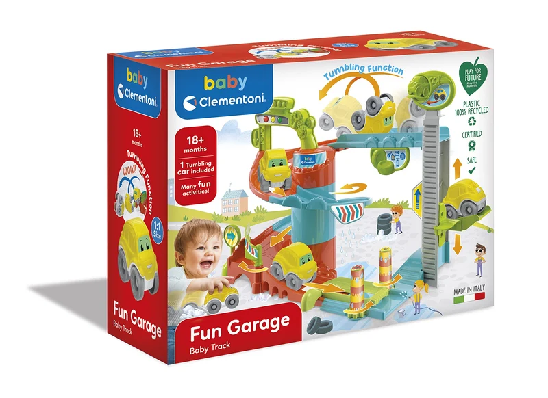 Baby Clementoni - Fun Garage Baby Track, Box e Pista Macchinine per Bambini 18+ Mesi, con 1 Macchinina, Gioco Prima Infanzia Made in Italy, Linea Play For Future, Stimola Manualità e Curiosità, 17404