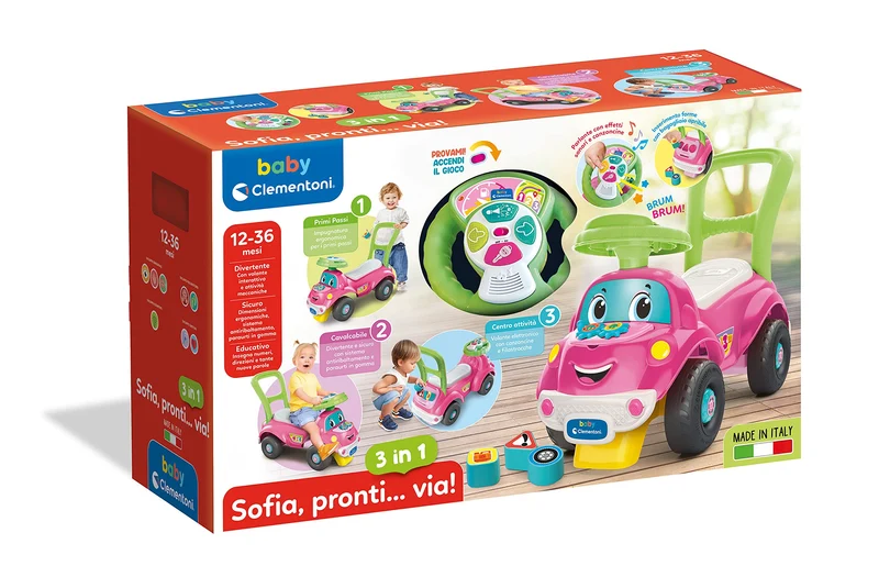 Clementoni - 17746 - Sofia Pronti Via - Macchinina Cavalcabile 3 in 1, Gioco Educativo Parlante con Luci e Suoni per Bambini 1 Anno, Made in Italy