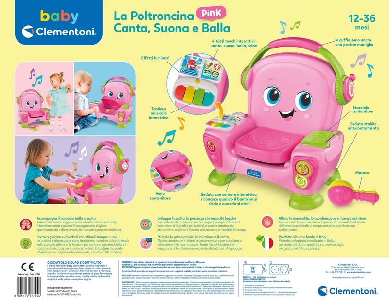 Clementoni Baby - Poltroncina Interattiva Canta Suona e Balla Pink, Bambini 12-36 Mesi, Gioco Educativo con Luci e Filastrocche per Imparare Cantando e Ballando, Made in Italy, Lingua Italiana, 17755