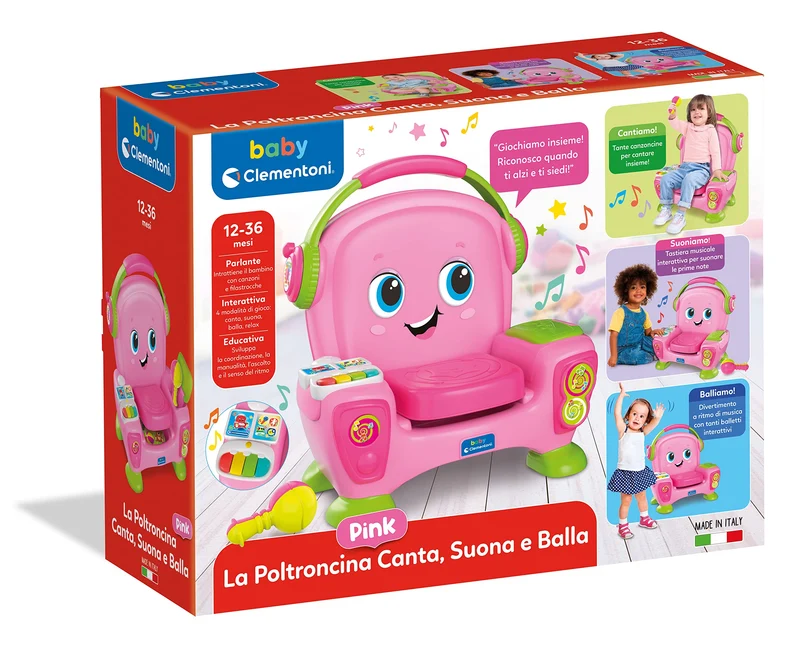 Clementoni Baby - Poltroncina Interattiva Canta Suona e Balla Pink, Bambini 12-36 Mesi, Gioco Educativo con Luci e Filastrocche per Imparare Cantando e Ballando, Made in Italy, Lingua Italiana, 17755