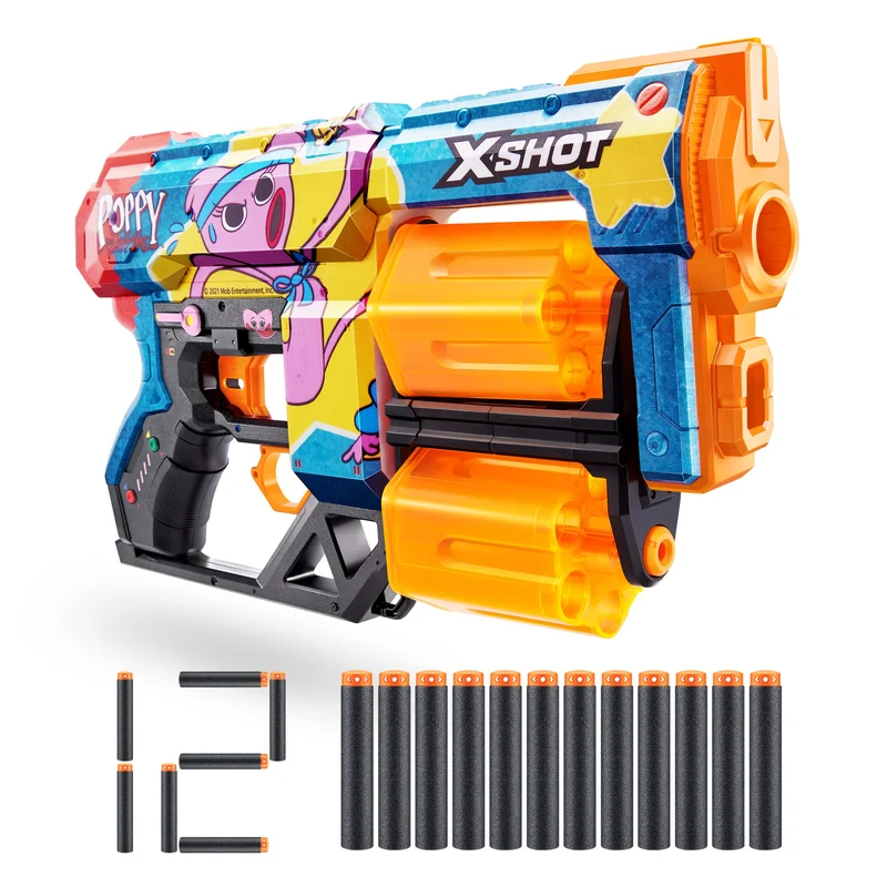 X-Shot Skins Dread Blaster – Poppy Playtime (Kissy) di Zuru con 12 freccette, doppia canna girevole, tecnologia Air Pocket, giocattolo in schiuma per bambini, ragazzi e adulti