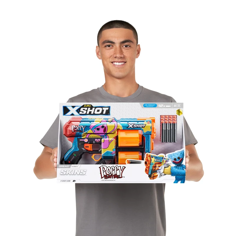 X-Shot Skins Dread Blaster – Poppy Playtime (Kissy) di Zuru con 12 freccette, doppia canna girevole, tecnologia Air Pocket, giocattolo in schiuma per bambini, ragazzi e adulti