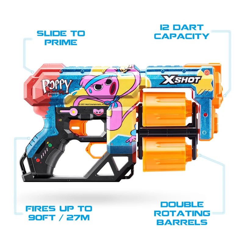 X-Shot Skins Dread Blaster – Poppy Playtime (Kissy) di Zuru con 12 freccette, doppia canna girevole, tecnologia Air Pocket, giocattolo in schiuma per bambini, ragazzi e adulti