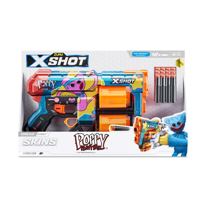 X-Shot Skins Dread Blaster – Poppy Playtime (Kissy) di Zuru con 12 freccette, doppia canna girevole, tecnologia Air Pocket, giocattolo in schiuma per bambini, ragazzi e adulti