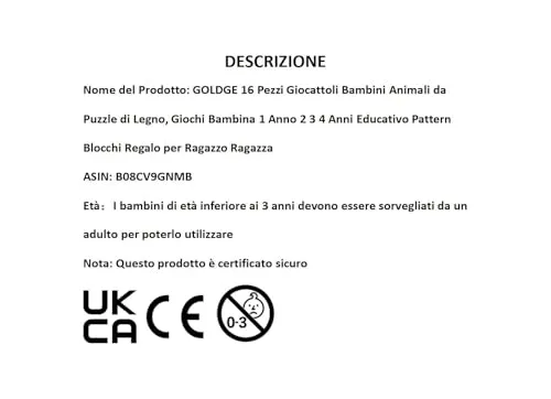 GOLDGE 16 Pezzi Giocattoli Bambini Animali da Puzzle di Legno, Giochi Bambina 1 Anno 2 3 4 Anni Educativo Pattern Blocchi Regalo per Ragazzo Ragazza