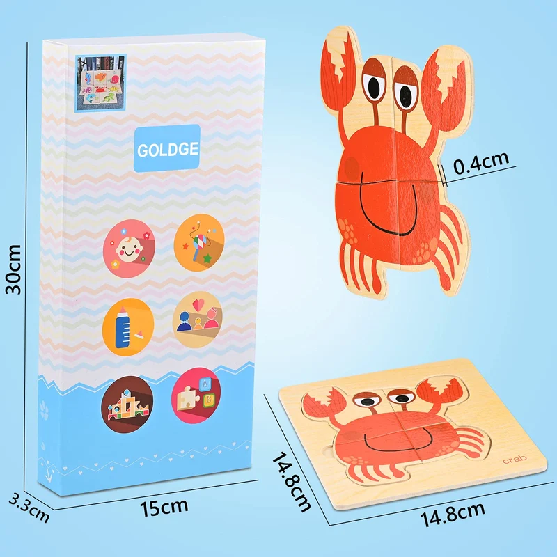 GOLDGE 16 Pezzi Giocattoli Bambini Animali da Puzzle di Legno, Giochi Bambina 1 Anno 2 3 4 Anni Educativo Pattern Blocchi Regalo per Ragazzo Ragazza