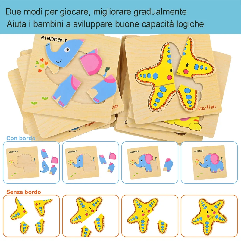 GOLDGE 16 Pezzi Giocattoli Bambini Animali da Puzzle di Legno, Giochi Bambina 1 Anno 2 3 4 Anni Educativo Pattern Blocchi Regalo per Ragazzo Ragazza