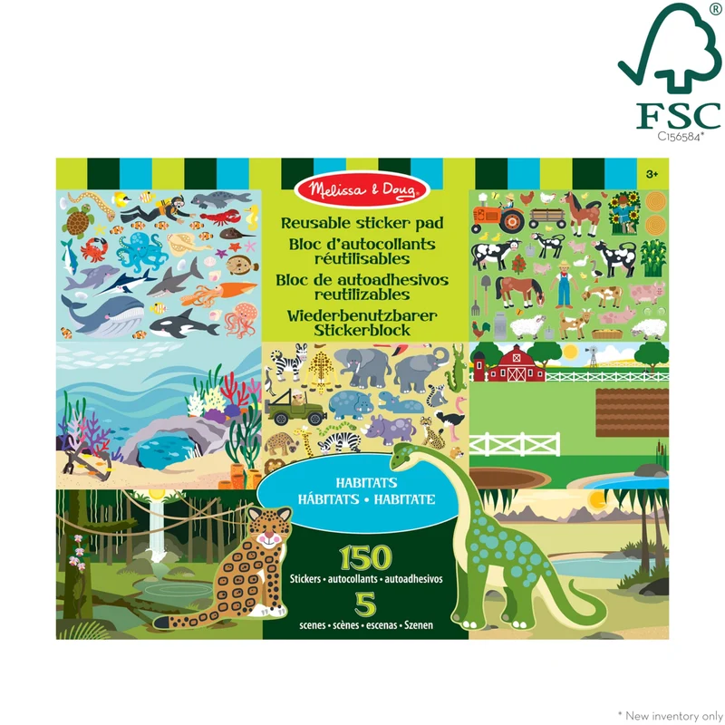 Melissa & Doug | Libro adesivi attacca e stacca bambini | Album stickers animali fattoria, dinosauri, animali marini, savana | Giochi da viaggio creativi per bambini e bambine dai 3 anni in sù