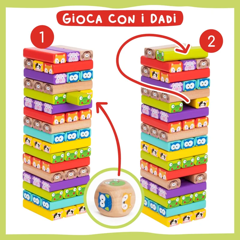 Nene Toys Torre Magica Colorata in Legno con Animali – Gioco Educativo da Tavolo per Bambini - Gioco Didattico 4 in 1 per Bambini da 3 a 9 Anni – Giocattolo Ideale Come Regalo per Genitori e Figli