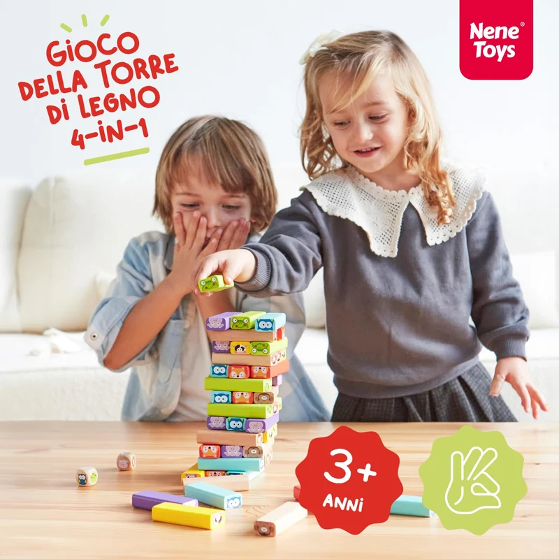 Nene Toys Torre Magica Colorata in Legno con Animali – Gioco Educativo da Tavolo per Bambini - Gioco Didattico 4 in 1 per Bambini da 3 a 9 Anni – Giocattolo Ideale Come Regalo per Genitori e Figli