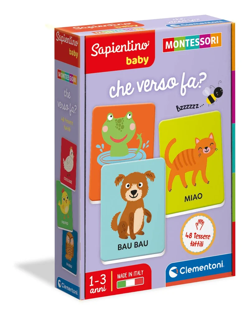 Clementoni - Sapientino Baby Che Verso Fa, Gioco Educativo Flashcards Montessori per Bambini 1 Anno, Carte Tattili Animali, Made in Italy, Lingua Italiana, Lingua Italiana, 16433