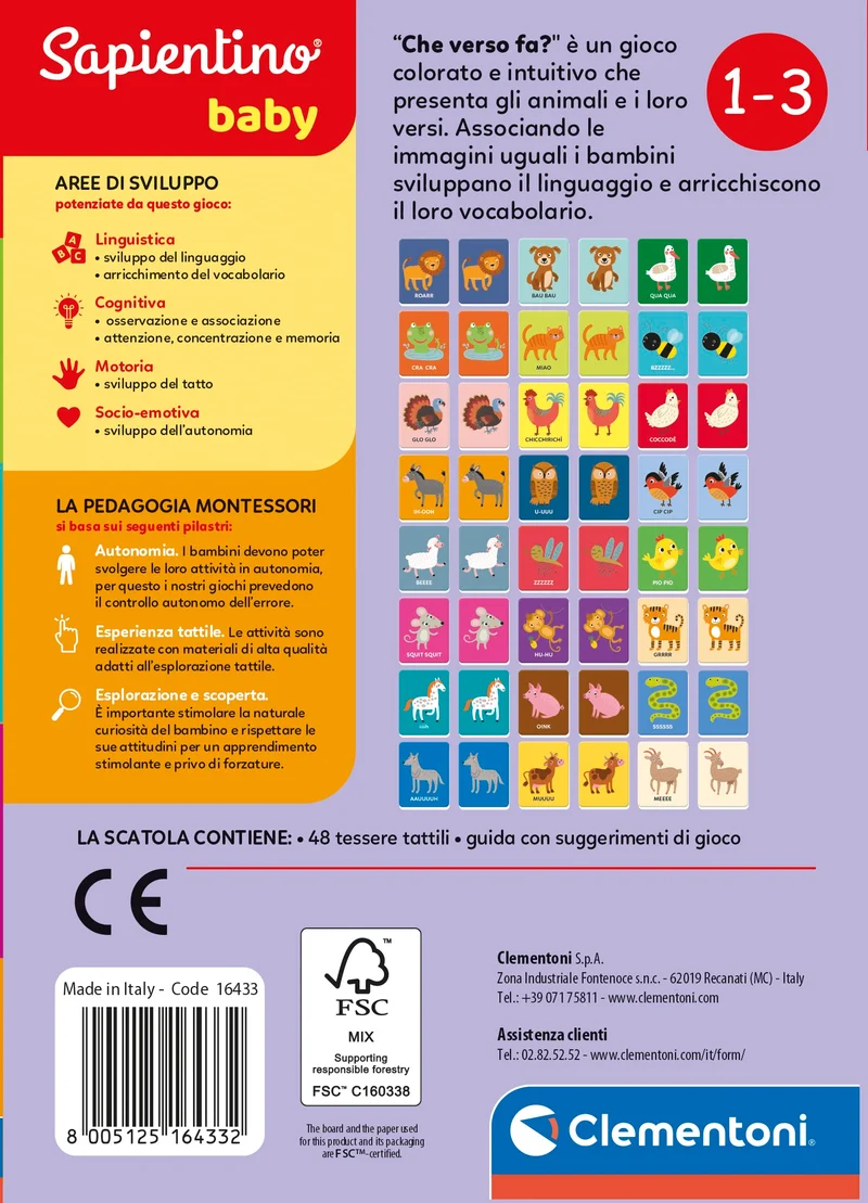 Clementoni - Sapientino Baby Che Verso Fa, Gioco Educativo Flashcards Montessori per Bambini 1 Anno, Carte Tattili Animali, Made in Italy, Lingua Italiana, Lingua Italiana, 16433