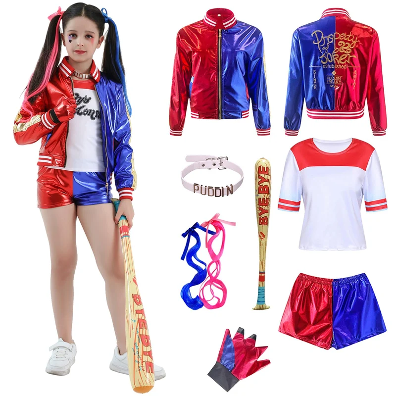 Amycute Costume Halloween Bambina, Set Costume Cosplay con Cappotto, T-shirt, Pantaloncini, Guanti, Vestito Cosplay Costumi per Halloween Carnevale