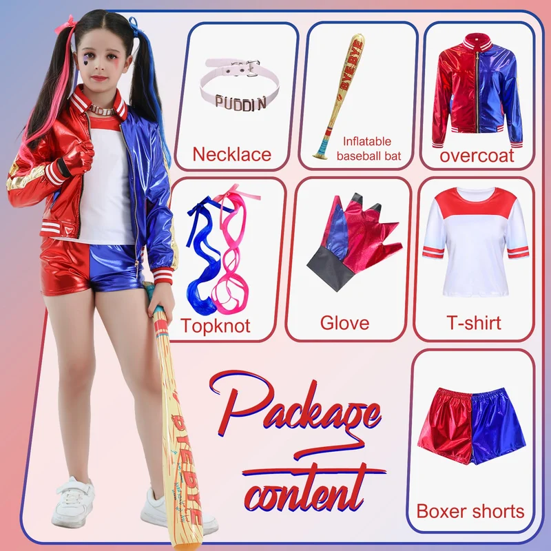 Amycute Costume Halloween Bambina, Set Costume Cosplay con Cappotto, T-shirt, Pantaloncini, Guanti, Vestito Cosplay Costumi per Halloween Carnevale