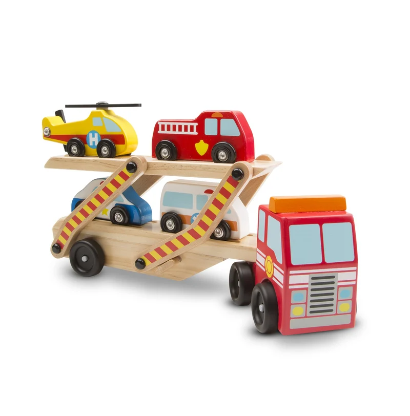 Melissa & Doug Carro Attrezzi Giocattolo 5 Pezzi Elicottero, Ambulanza, Macchina Polizia e Camion dei Pompieri | Giochi in legno | Camion per Bambini dai 3 ai 6 anni