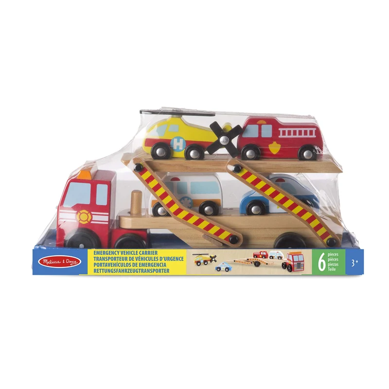 Melissa & Doug Carro Attrezzi Giocattolo 5 Pezzi Elicottero, Ambulanza, Macchina Polizia e Camion dei Pompieri | Giochi in legno | Camion per Bambini dai 3 ai 6 anni