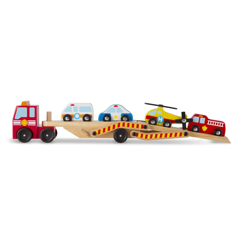 Melissa & Doug Carro Attrezzi Giocattolo 5 Pezzi Elicottero, Ambulanza, Macchina Polizia e Camion dei Pompieri | Giochi in legno | Camion per Bambini dai 3 ai 6 anni