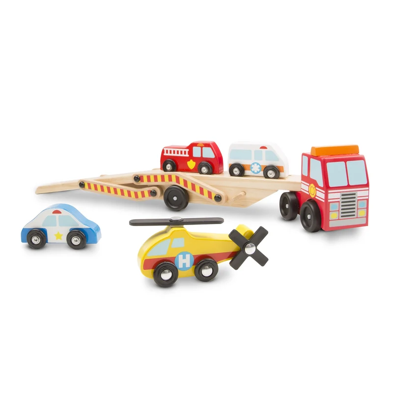 Melissa & Doug Carro Attrezzi Giocattolo 5 Pezzi Elicottero, Ambulanza, Macchina Polizia e Camion dei Pompieri | Giochi in legno | Camion per Bambini dai 3 ai 6 anni