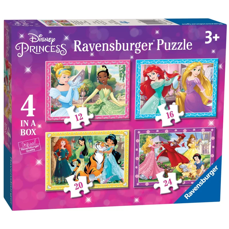 Ravensburger - Puzzle Principesse Disney, Collezione 4 in a Box, Idea Regalo per Bambini 3+ Anni, Gioco Educativo e Stimolante, 4 Puzzle 12-16-20-24 Pezzi, 70x50 cm