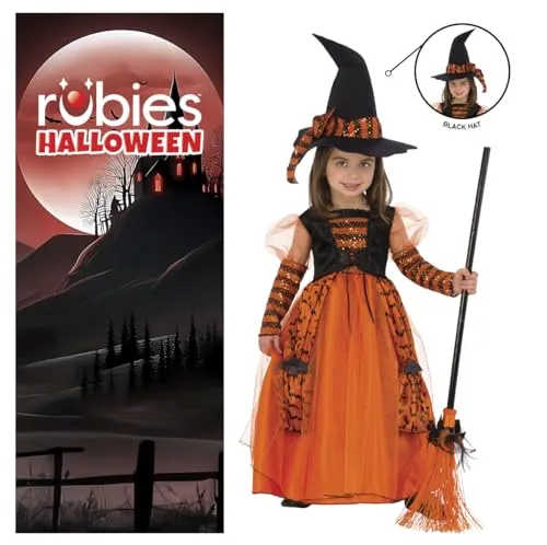 Rubie's Costume Da Strega Brillante Per Bambina, Arancione, Con Dettagli In Glitter E Cappello Con Dettagli In Paillettes Per Halloween, S (3-4 Anni)