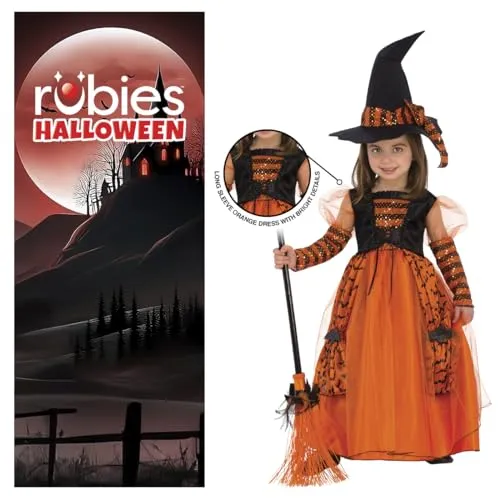 Rubie's Costume Da Strega Brillante Per Bambina, Arancione, Con Dettagli In Glitter E Cappello Con Dettagli In Paillettes Per Halloween, S (3-4 Anni)