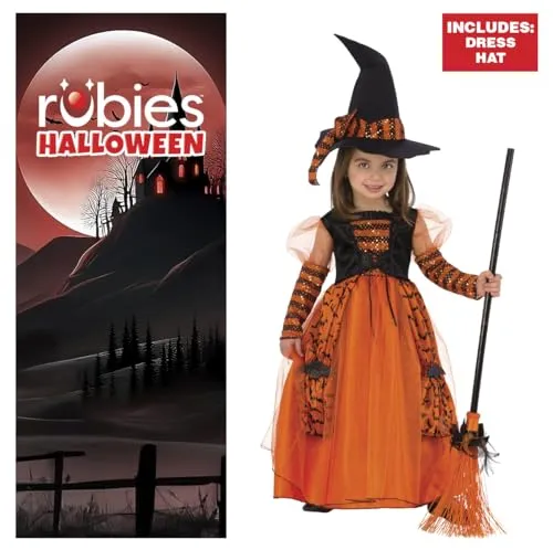 Rubie's Costume Da Strega Brillante Per Bambina, Arancione, Con Dettagli In Glitter E Cappello Con Dettagli In Paillettes Per Halloween, S (3-4 Anni)