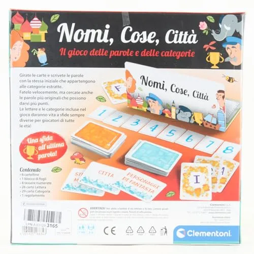 Clementoni - Nomi Cose e Città, Gioco da Tavolo con 29 Carte Categoria, per Bambini dai 7 Anni in Su e Tutta la Famiglia, 2-6 Giocatori, Idea Regalo Made in Italy, Lingua Italiana, 16634