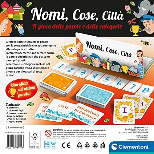 Clementoni - Nomi Cose e Città, Gioco da Tavolo con 29 Carte Categoria, per Bambini dai 7 Anni in Su e Tutta la Famiglia, 2-6 Giocatori, Idea Regalo Made in Italy, Lingua Italiana, 16634