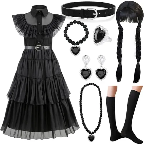NCKIHRKK Costume Halloween Bambina, Vestito Halloween Carnevale Bambina Costume con Parrucca e Accessori, Costumi Vestiti Bambina per Halloween Carnevale Party Cosplay, Vestito Bambina 4-10 Anni, 110