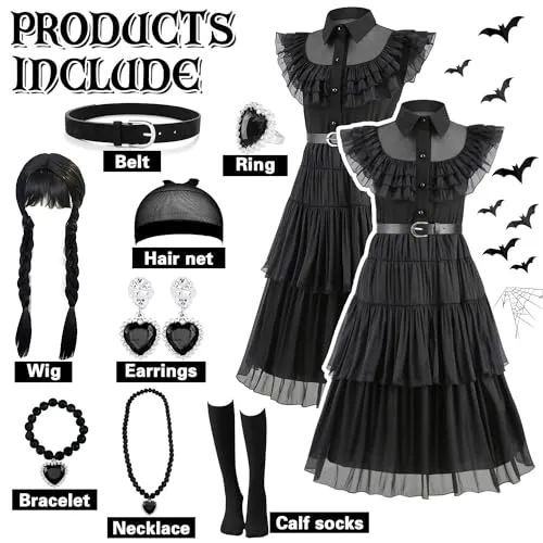 NCKIHRKK Costume Halloween Bambina, Vestito Halloween Carnevale Bambina Costume con Parrucca e Accessori, Costumi Vestiti Bambina per Halloween Carnevale Party Cosplay, Vestito Bambina 4-10 Anni, 110