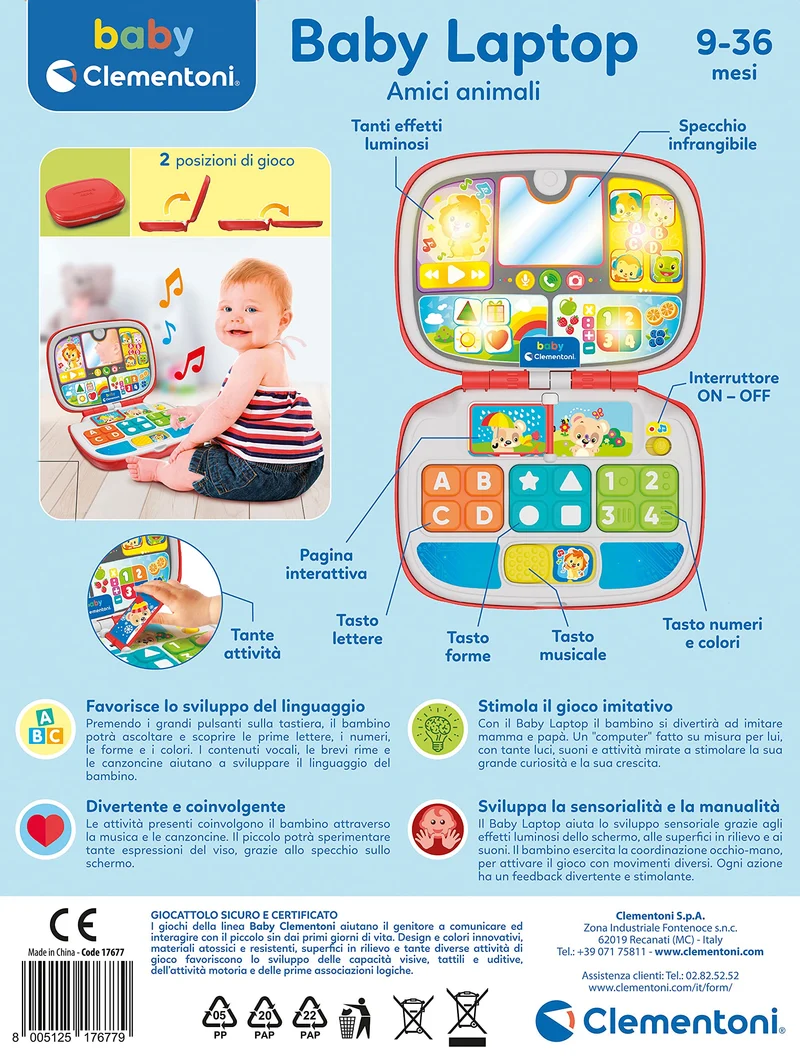 Baby Clementoni - 17677 - Laptop Amici Animali, Gioco Interattivo 9 mesi, Centro Attività e Computer Educativo per Bambini (Versione in Italiano)