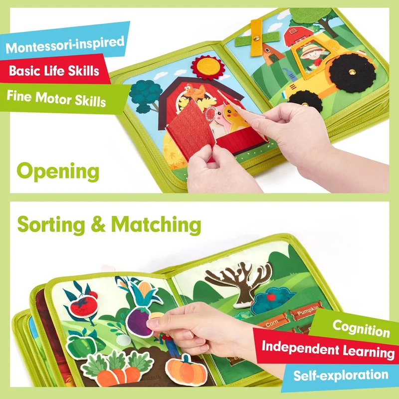 hahaland Busy Board Libro Montessori Interattivo 1 Anno - Busy Book Sensoriale Educativo Giochi Montessori 1 2 3 Anni - Pannello di Feltro attività Valigetta Montessori Regalo Bambino