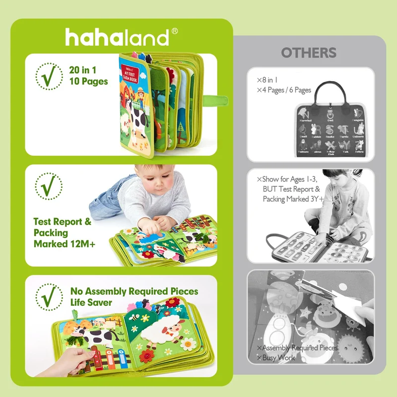 hahaland Busy Board Libro Montessori Interattivo 1 Anno - Busy Book Sensoriale Educativo Giochi Montessori 1 2 3 Anni - Pannello di Feltro attività Valigetta Montessori Regalo Bambino