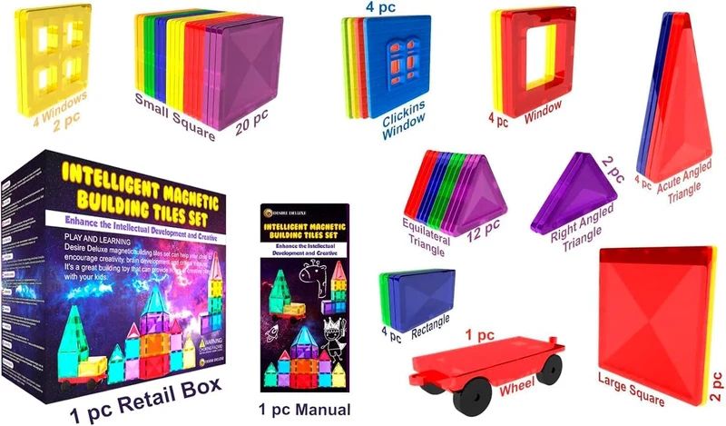 Desire Deluxe Set tessere magnetiche - Gioco Educativo per bambini e bambine - Età 3 4 5 6 7 anni - Impara con le costruzioni - 57 pz