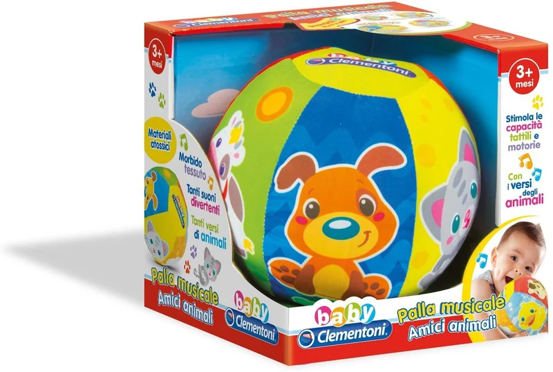 Baby Clementoni - Palla Musicale Amici Animali, Gioco Elettronico per Bambini 3+ Mesi, con Suoni e Dolci Melodie, in Morbida Stoffa, Stimola Manualità, Tatto e Motricità, Lingua Italiana, 17132