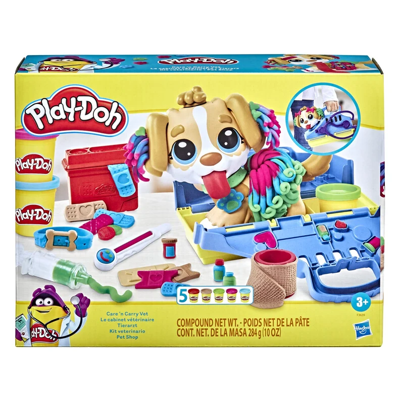 Play-Doh Set da Veterinario, Playset con Cane Giocattolo, Trasportino, 10 Strumenti, 5 Colori, Multicolore
