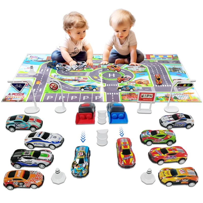 TOYABI 21 pezzi Macchinine per Bambini Set, 10 Macchinine Metallo con Lanciatore/Blocco Stradale/Tappeto da Gioco per Bambini/Borsa per il Trasporto, Ragazzi e Ragazze 2, 3, 4 Anni e Più